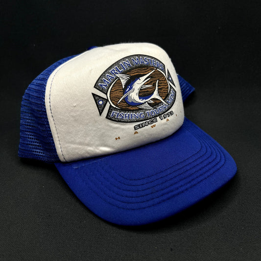 Vintage Marlin Masters Fishing Tournament Hawaii Snapback Trucker Hat Blue White Mesh Cap