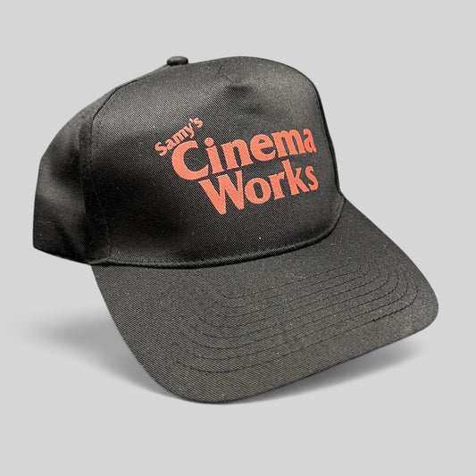Raree Finds black cotton twill strapback hat with red Samy's CinemaWorks promotional embroidery
