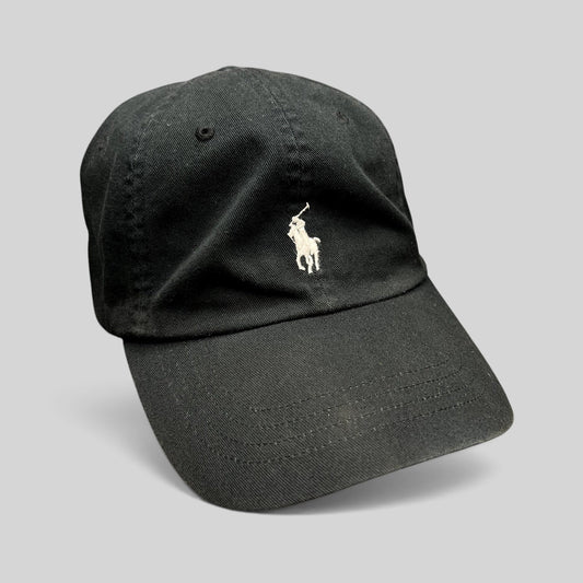 Raree Finds black cotton twill Polo Ralph Lauren strapback hat with white embroidered pony logo