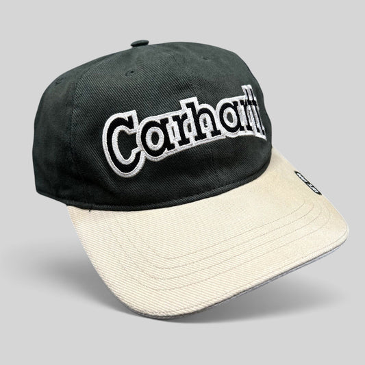 Raree Finds Carhartt two-tone black and khaki cotton strapback hat with white embroidered logo on the front