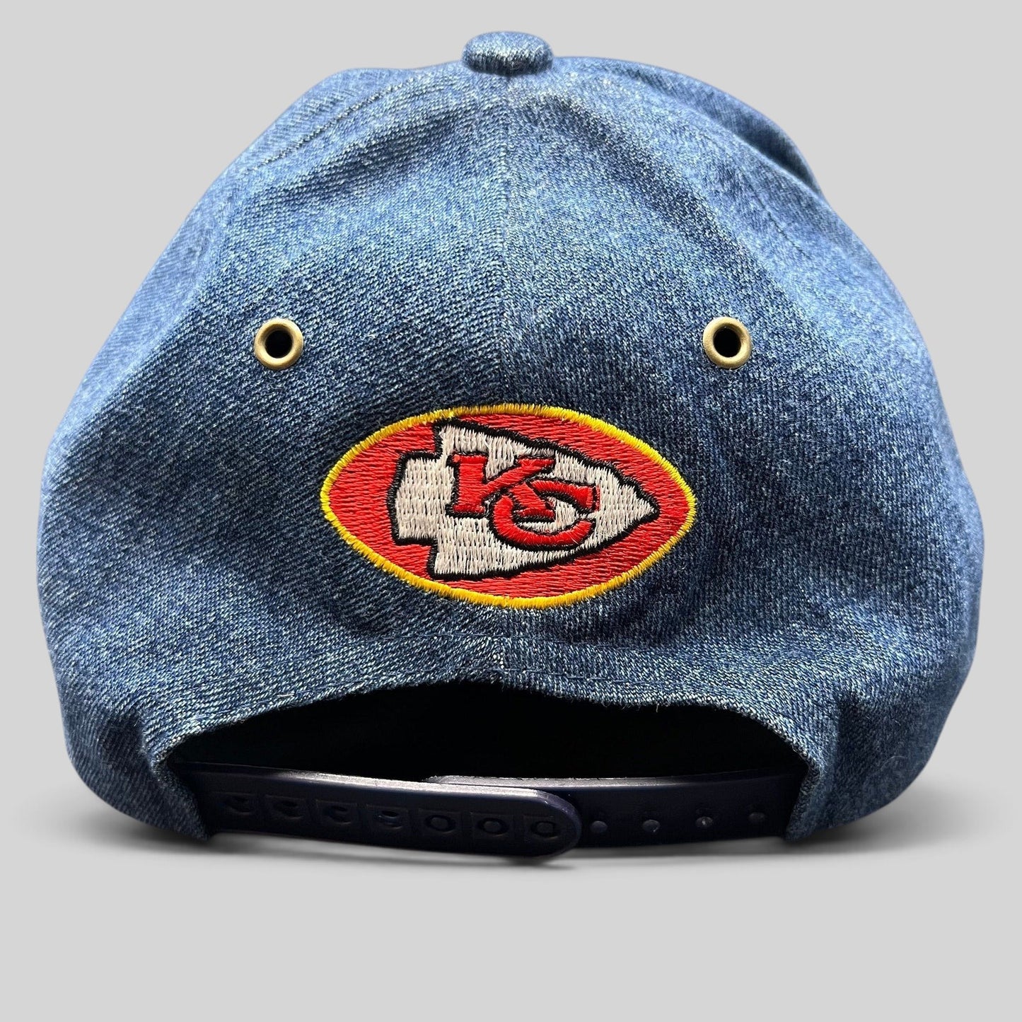 Raree Finds vintage Kansas City Chiefs Annco snapback hat featuring a blue denim crown and team logo embroidery