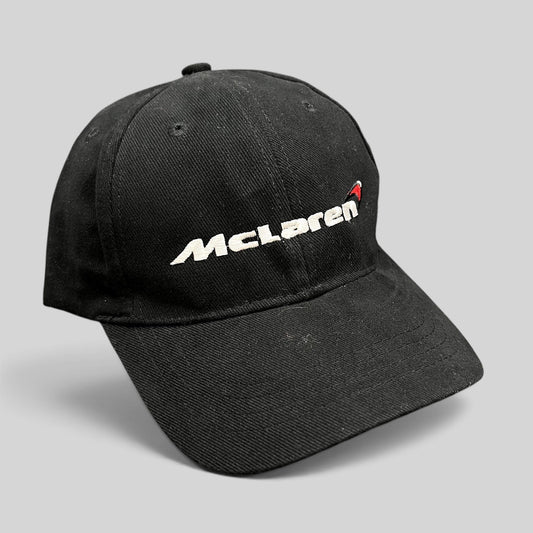 Raree Finds black cotton McLaren strapback hat with white and red embroidered logo on a six-panel low-profile cap.