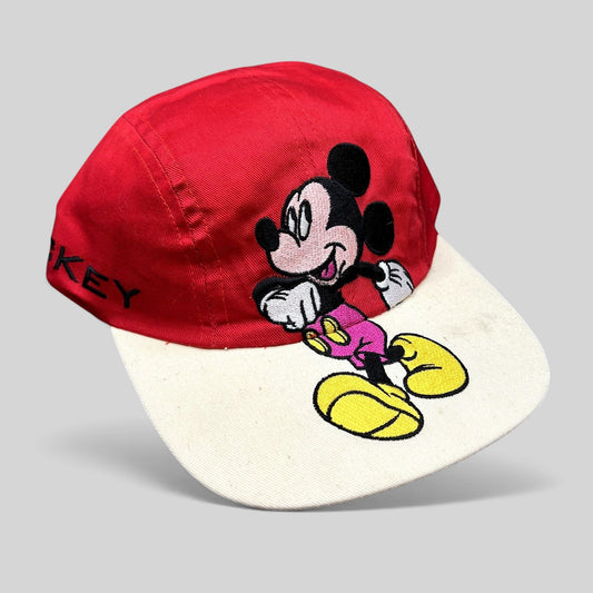 Raree Finds Disney Mickey Mouse youth snapback hat featuring red crown, white brim, and large embroidered Mickey graphic.