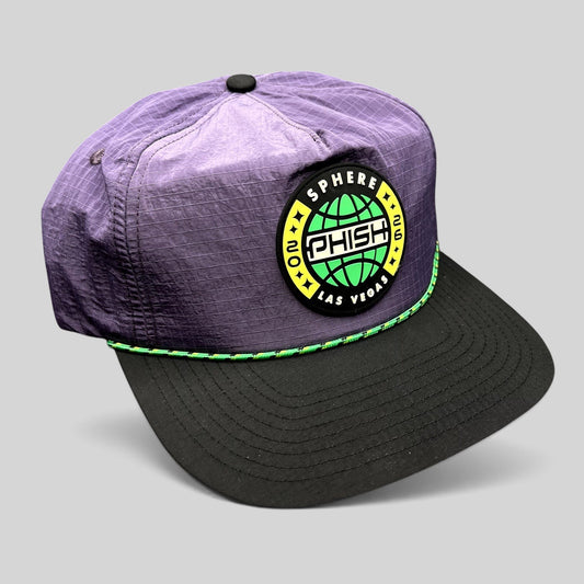 Raree Finds Phish Sphere 2026 purple ripstop snapback hat with black flat bill and green rope detail.