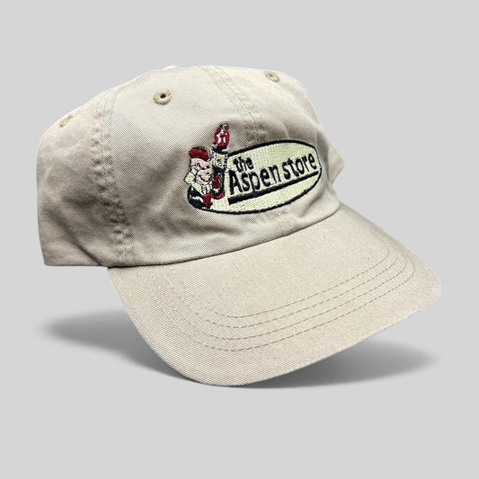 Raree Finds vintage khaki cotton strapback hat with The Aspen Store embroidered logo and adjustable fabric closure