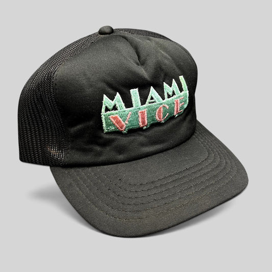 Raree Finds vintage Miami Vice black foam and mesh trucker hat with teal and pink embroidered logo and snapback