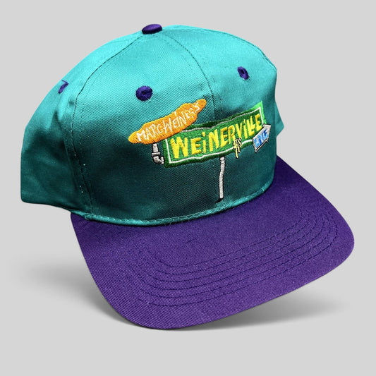 Raree Finds vintage 90s Nickelodeon Weinerville snapback hat in teal and purple with embroidered street sign logo
