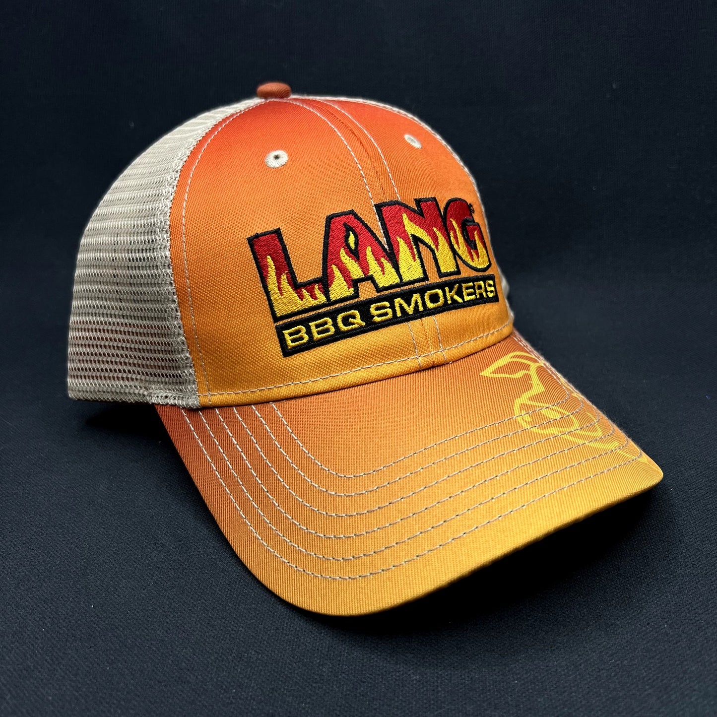 Lang BBQ Smokers Trucker Snapback Hat Orange Tan Flame Logo Reverse Flow BBQ Cap