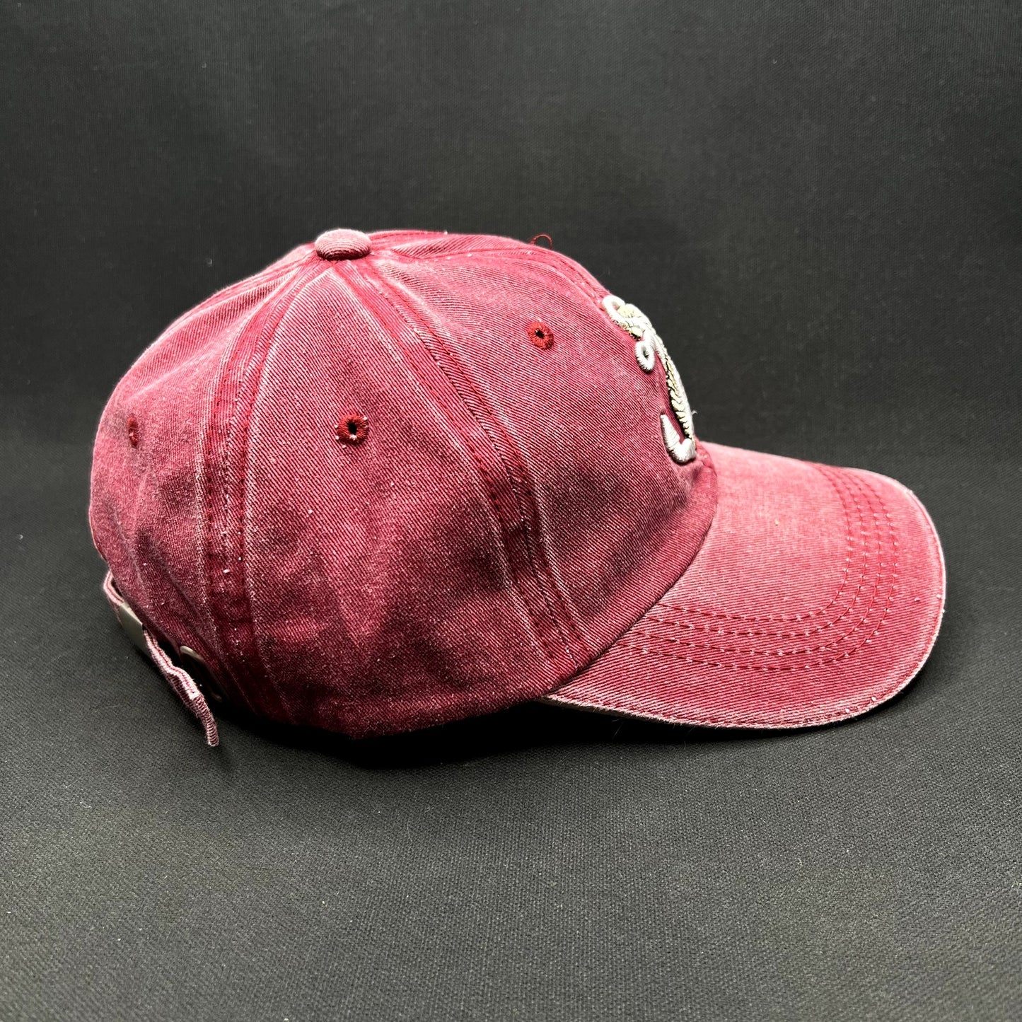 Vintage Nautical Anchor Embroidered Washed Red Cotton Strapback Hat Adjustable