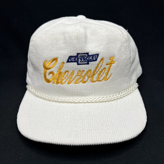 Vintage 1980s Chevrolet Corduroy Strapback Hat White Amapro USA