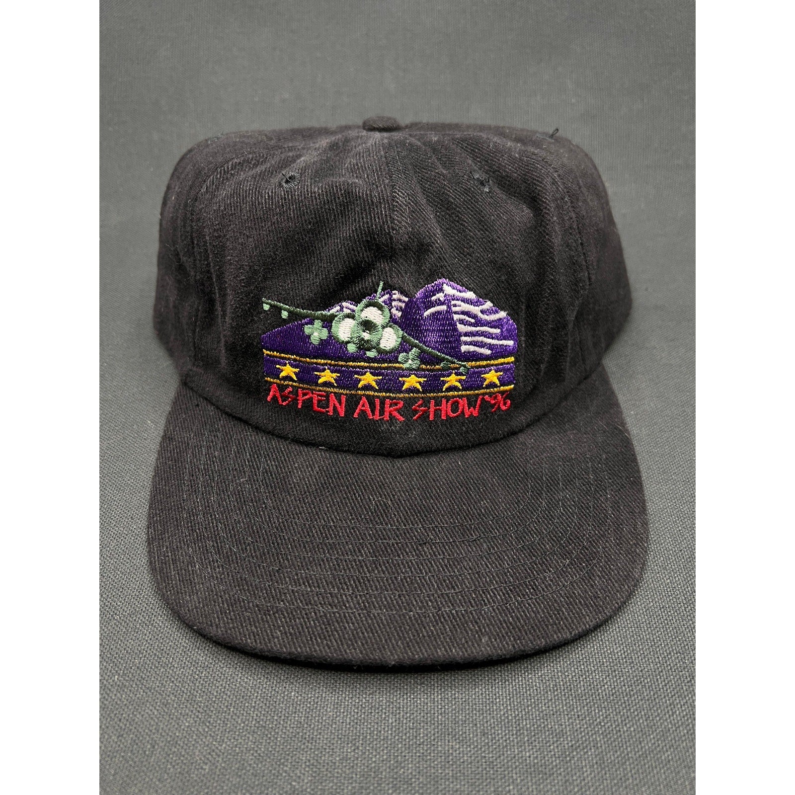 Vintage 1996 Aspen Air Show Hat Black Strapback Ski Embroidered