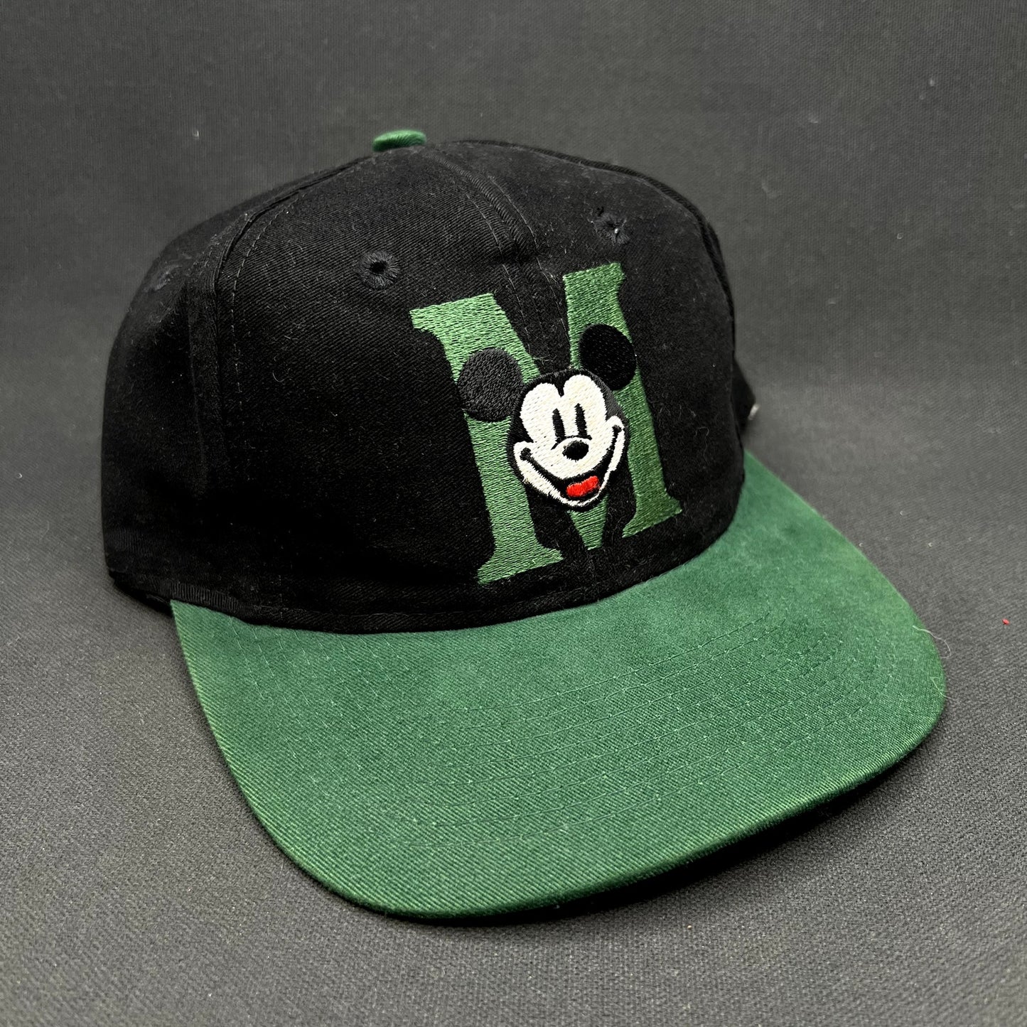 Vintage 90s Disney Store Mickey Mouse M Logo Snapback Hat Black Green Cap
