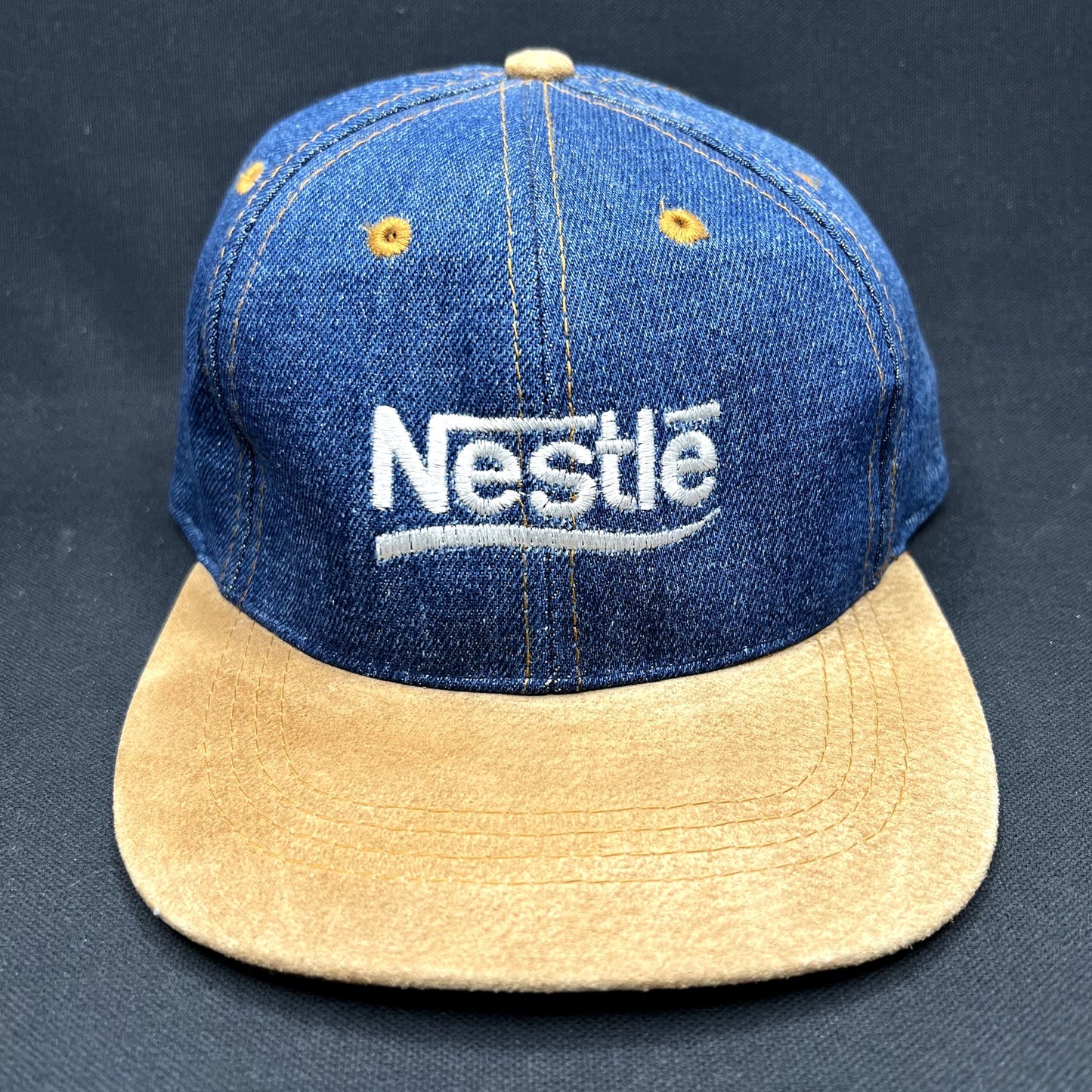 Vintage Nestlé Denim Suede Strapback Hat Otto Cap Distressed USA