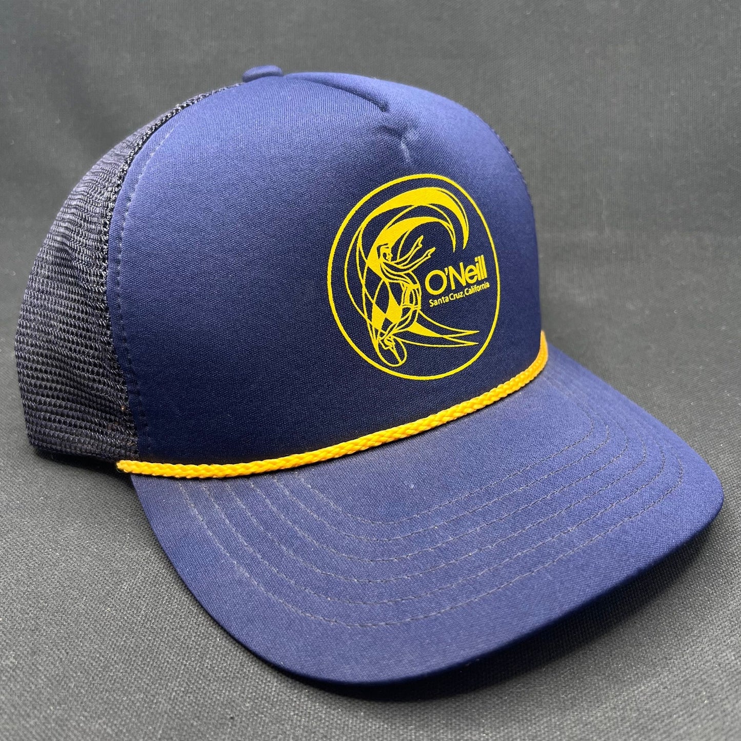 Vintage O’Neill Santa Cruz Surf Trucker Hat Navy Yellow Rope Snapback