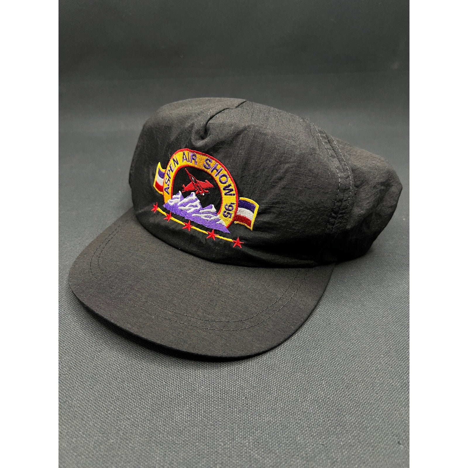 Vintage 1995 Aspen Air Show Hat Black Nylon Snapback Embroidered Ski