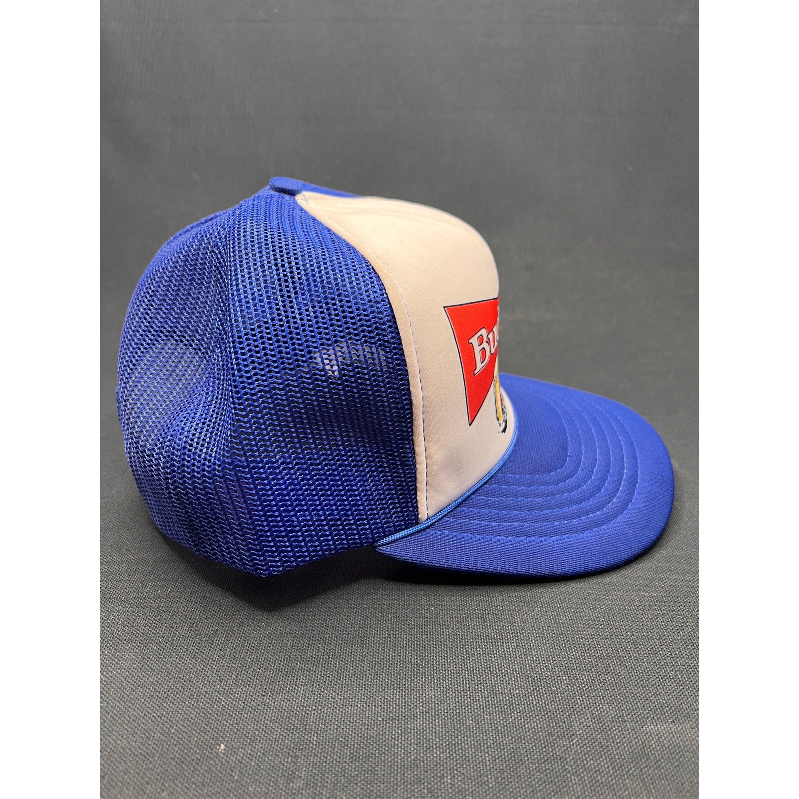 Vintage Budweiser Brewery 1980s Trucker Hat Blue Mesh Foam Snapback Beer Logo
