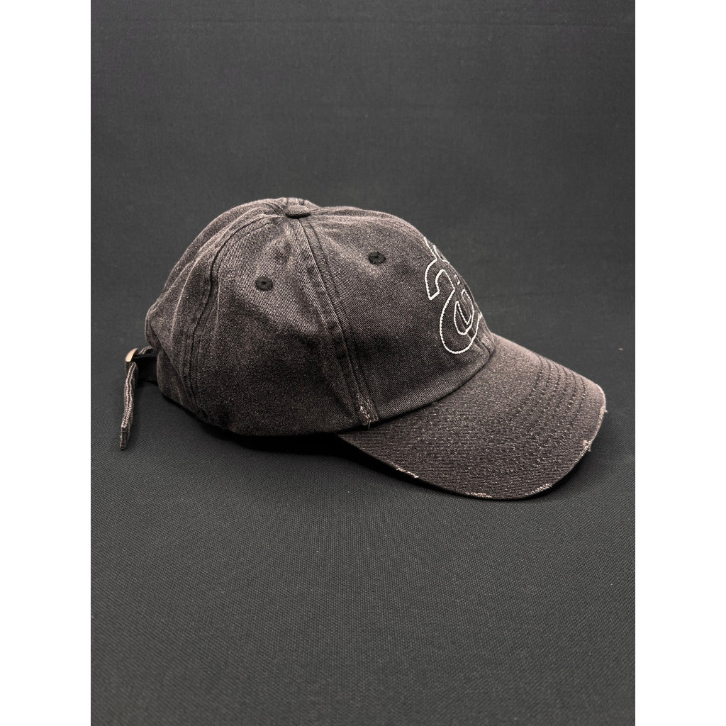 Ann Andelman Distressed Black Denim Cap – Minimalist Monogram Logo Hat
