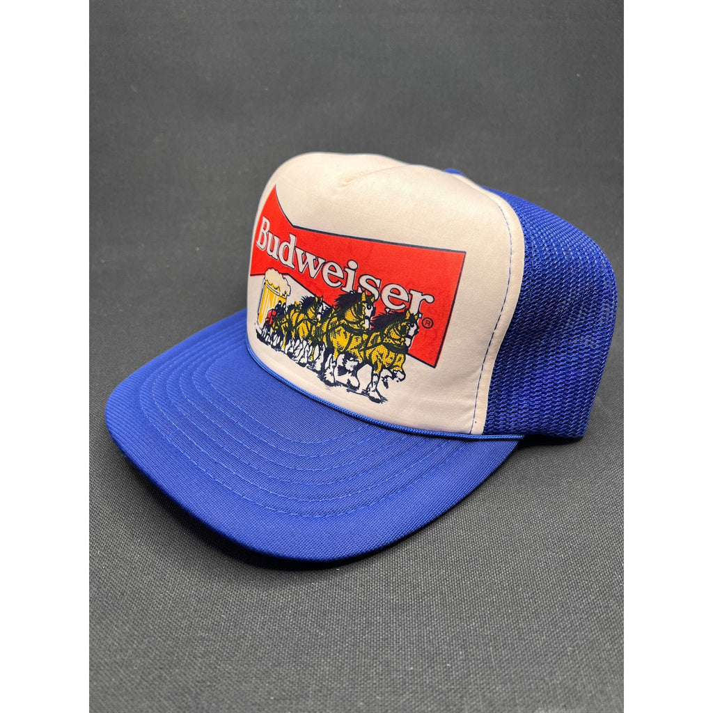 Vintage Budweiser Brewery 1980s Trucker Hat Blue Mesh Foam Snapback Beer Logo