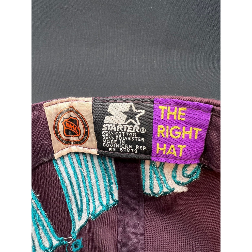 Very Rare Vintage 90s Mighty Ducks Starter Script Snapback Hat Teal Eggplant NHL