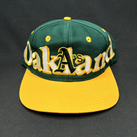 Vintage 90s Oakland A’s Logo 7 Snapback Hat Script Big Logo Green Yellow