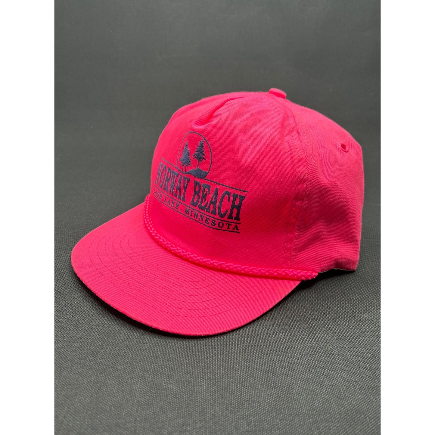 Vintage 1980s Norway Beach Cass Lake Minnesota Zipperback Hat – Neon Pink Rope