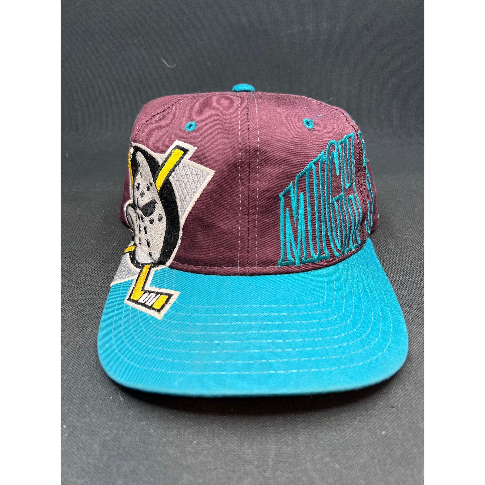 Very Rare Vintage 90s Mighty Ducks Starter Script Snapback Hat Teal Eggplant NHL