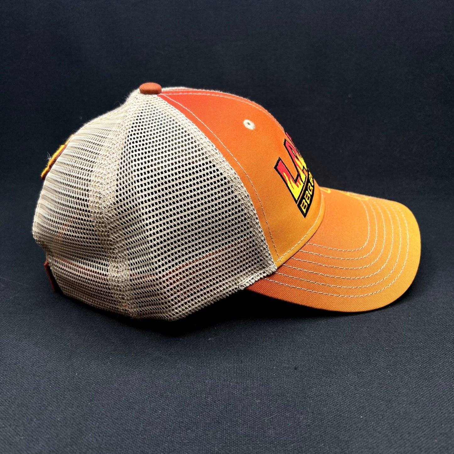 Lang BBQ Smokers Trucker Snapback Hat Orange Tan Flame Logo Reverse Flow BBQ Cap