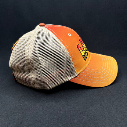 Lang BBQ Smokers Trucker Snapback Hat Orange Tan Flame Logo Reverse Flow BBQ Cap