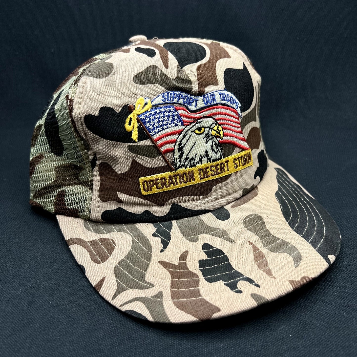 Vintage Operation Desert Storm Support Our Troops Camo Trucker Snapback Hat