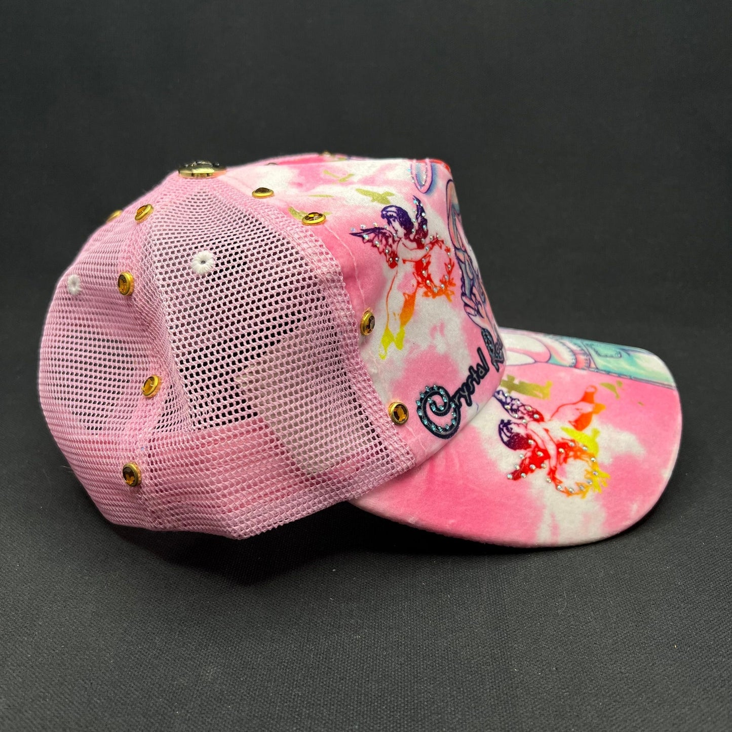 Crystal Rock Christian Audigier Pink Angel Graphic Rhinestone Trucker Hat