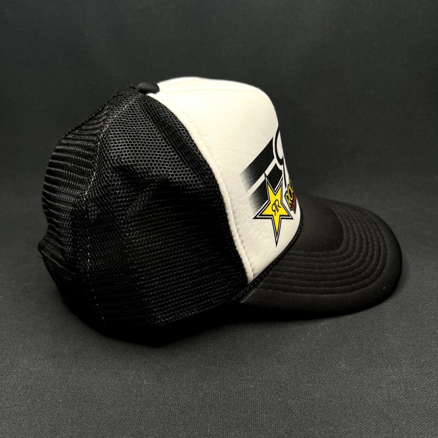 Vintage Y2K Rockstar Energy Drink Logo Mesh Trucker Snapback Hat Black White