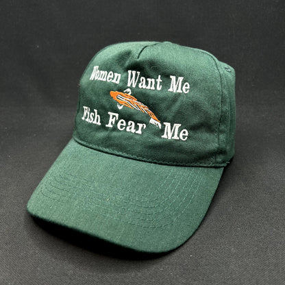 Women Want Me Fish Fear Me Funny Fishing Strapback Hat Green Dad Cap