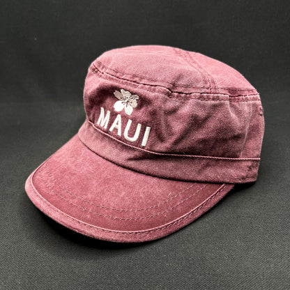 Vintage Maui Hawaii Military Cadet Cap Purple Cotton Strapback Hibiscus Hat
