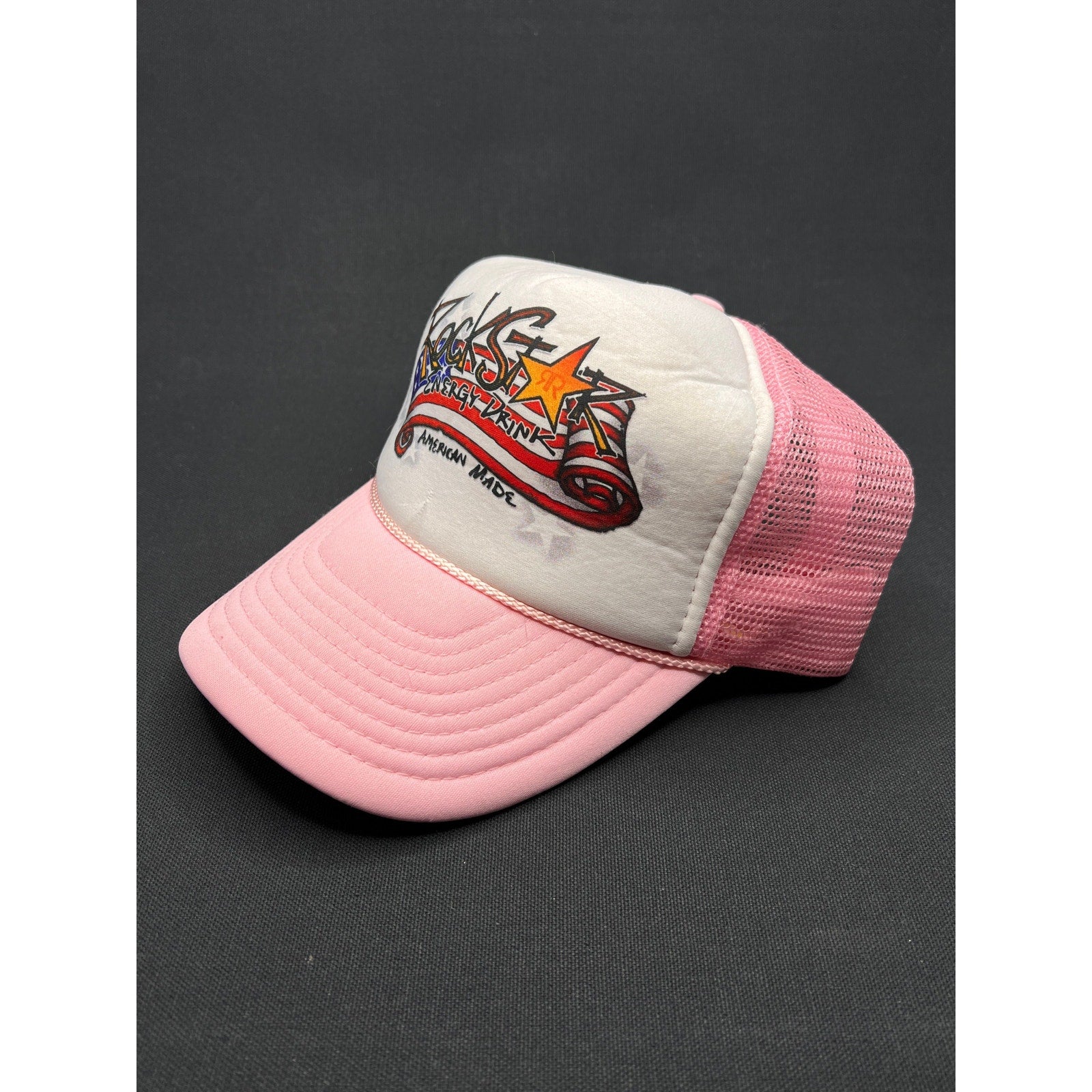 Vintage Rockstar Energy Drink Trucker Hat – Pink Mesh Foam Snapback Made In USA