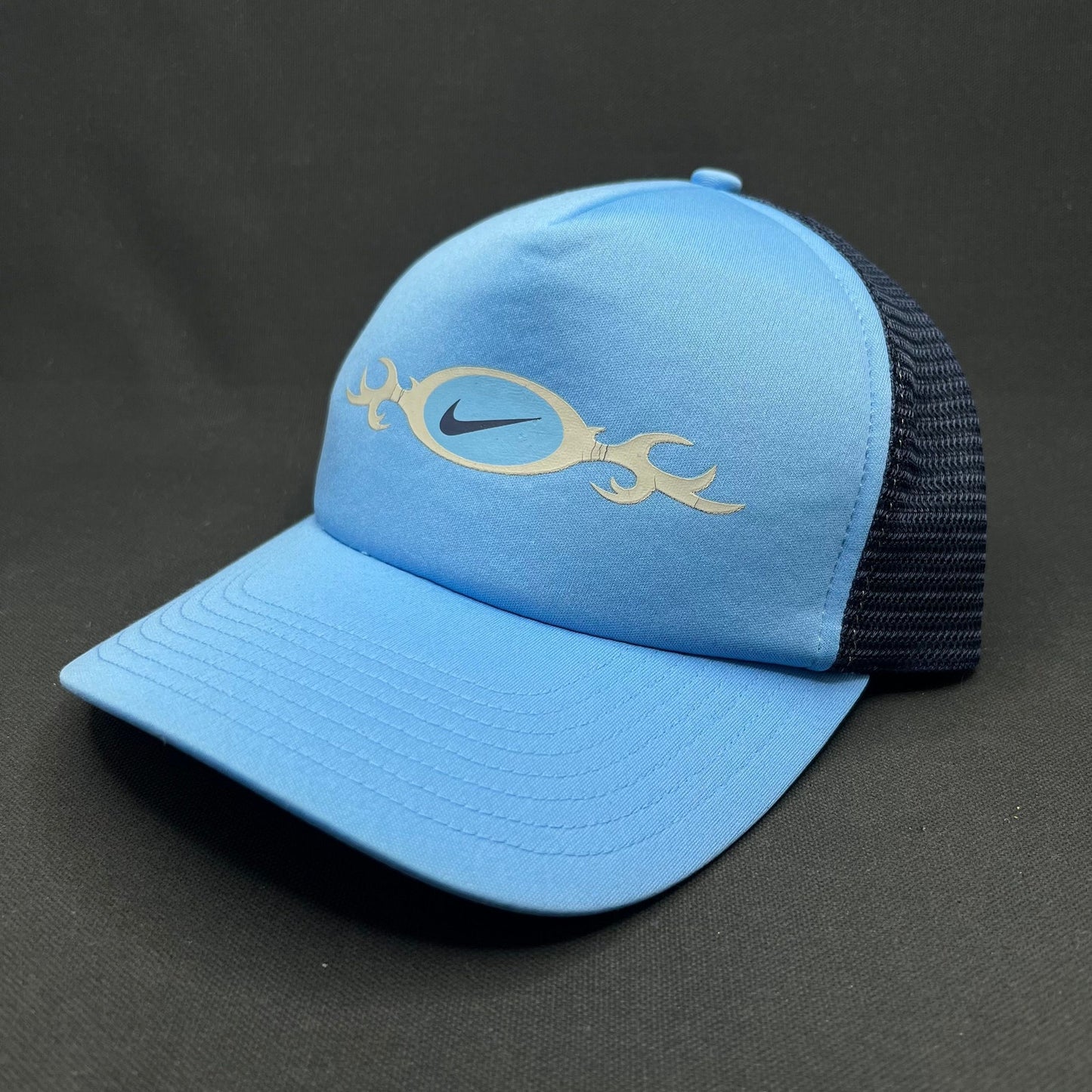 Vintage Nike Trucker Hat Blue Swoosh Spellout Snapback Y2K
