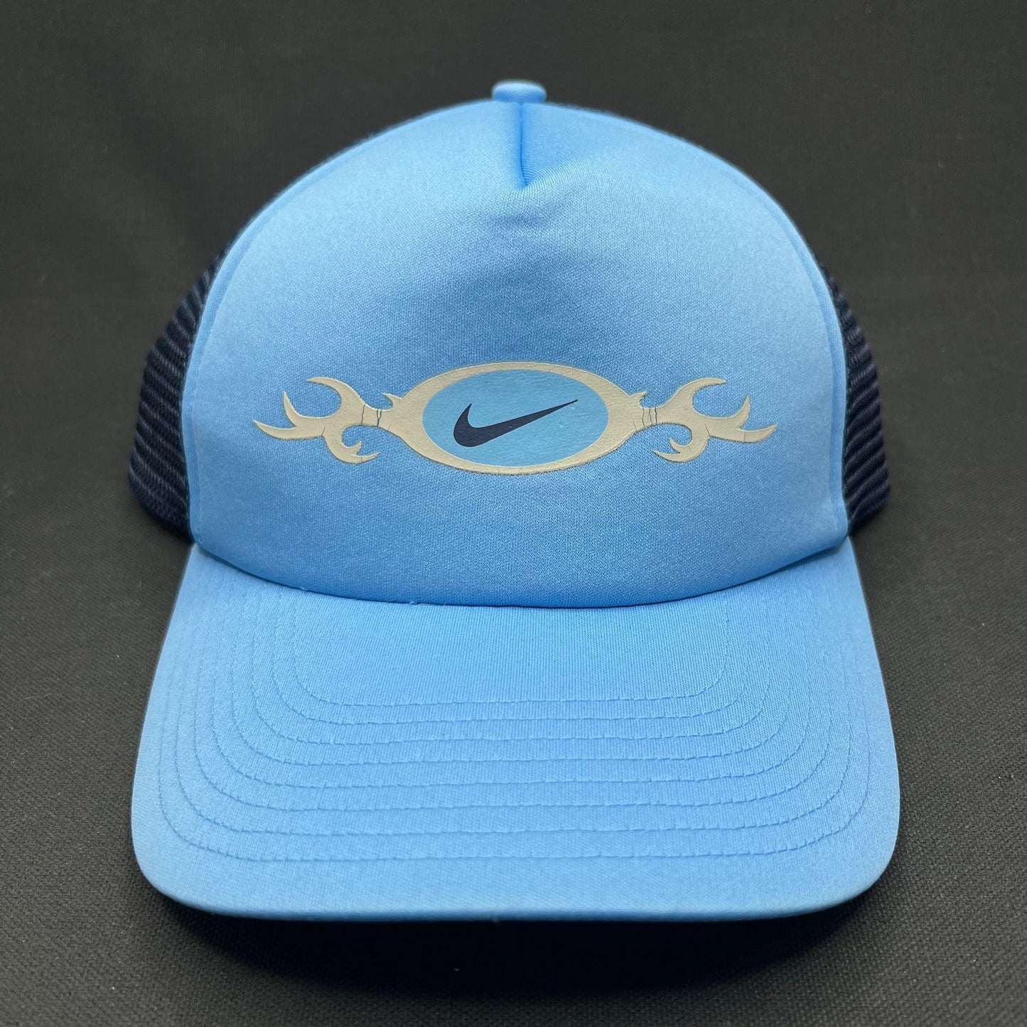Vintage Nike Trucker Hat Blue Swoosh Spellout Snapback Y2K