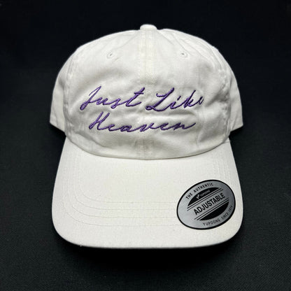 Just Like Heaven Script Strapback Hat White Purple Yupoong Classics Dad Cap NWT