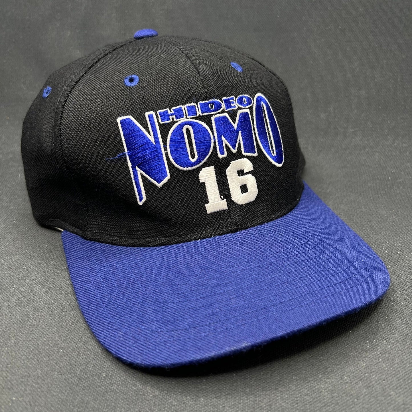 Vintage Hideo Nomo Dodgers Nutmeg Snapback Hat MLB Black Blue 90s
