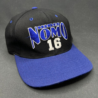 Vintage Hideo Nomo Dodgers Nutmeg Snapback Hat MLB Black Blue 90s