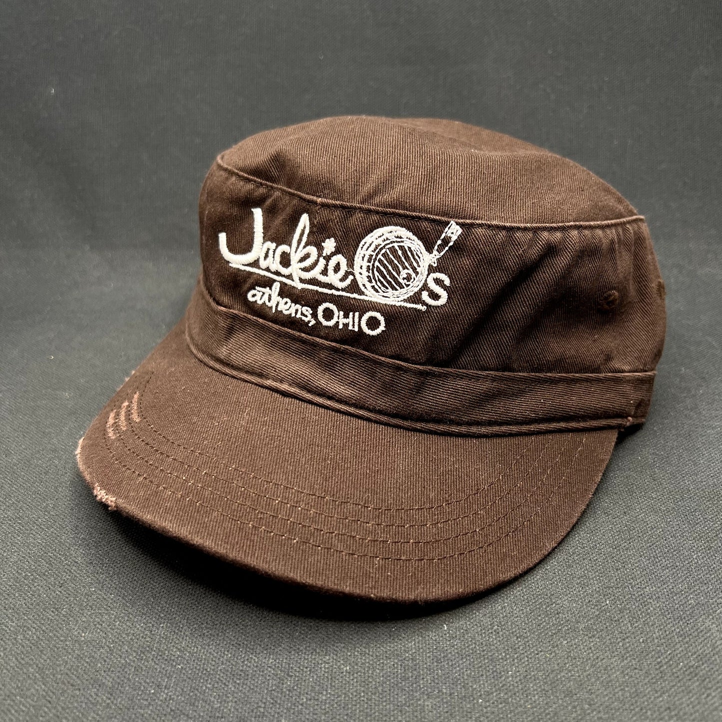 Vintage Jackie’s Athens Ohio Distressed Military Style Cap Brown Adjustable Hat