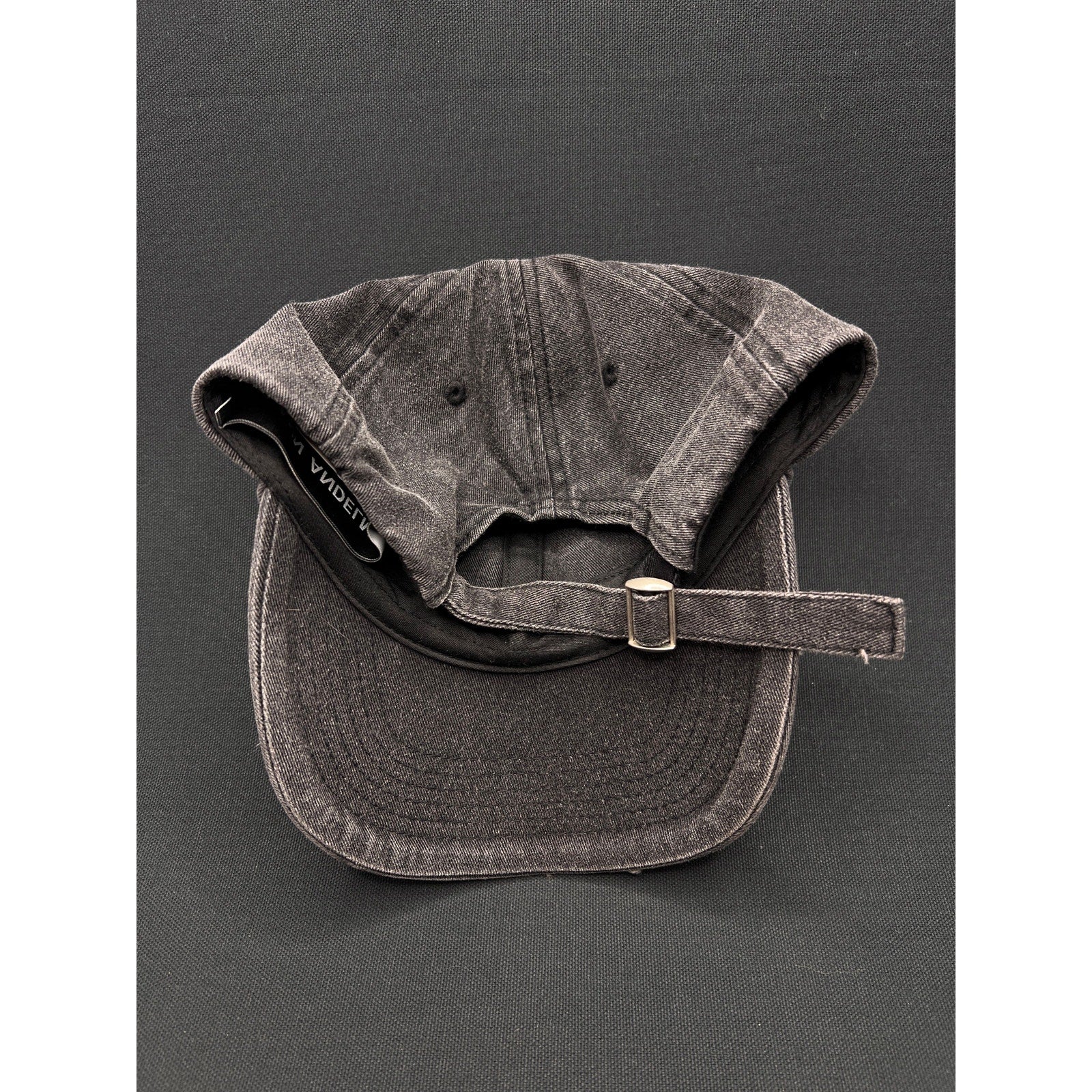 Ann Andelman Distressed Black Denim Cap – Minimalist Monogram Logo Hat
