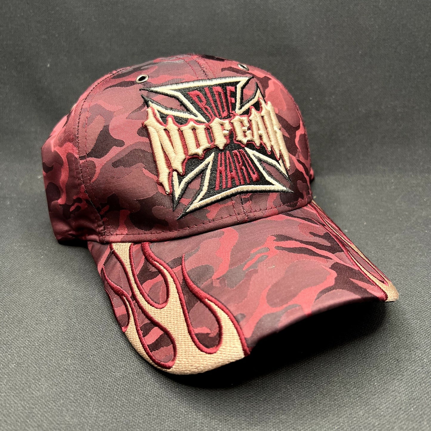 Y2K No Fear Ride Hard Flame Camo Strapback Hat Black Eagle Cap
