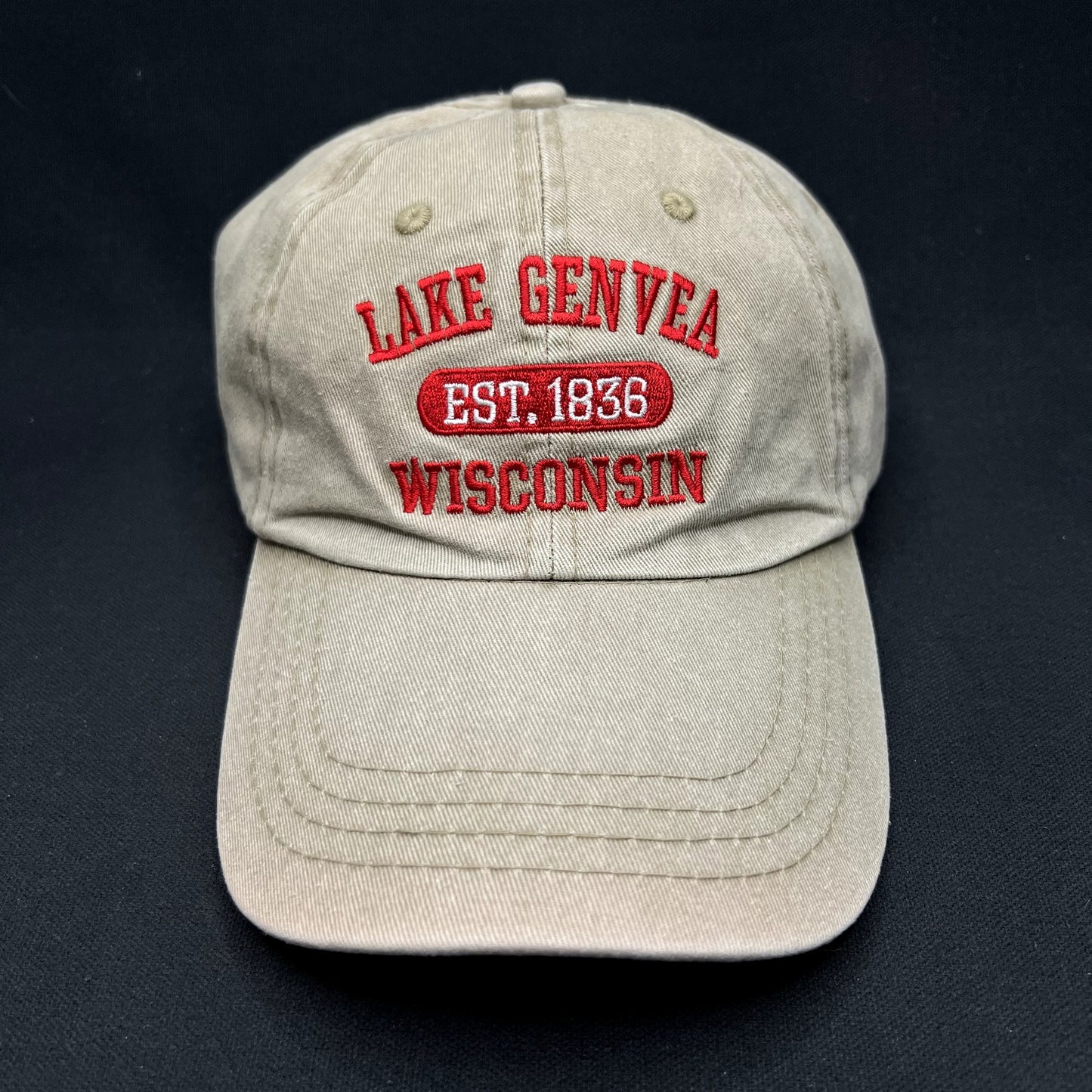 Vintage Lake Geneva Wisconsin Strapback Hat Khaki Tourist Travel Cap Embroidered