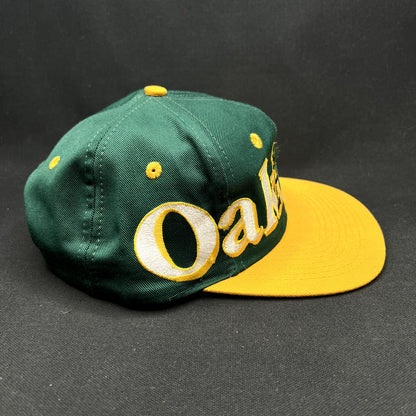 Vintage 90s Oakland A’s Logo 7 Snapback Hat Script Big Logo Green Yellow