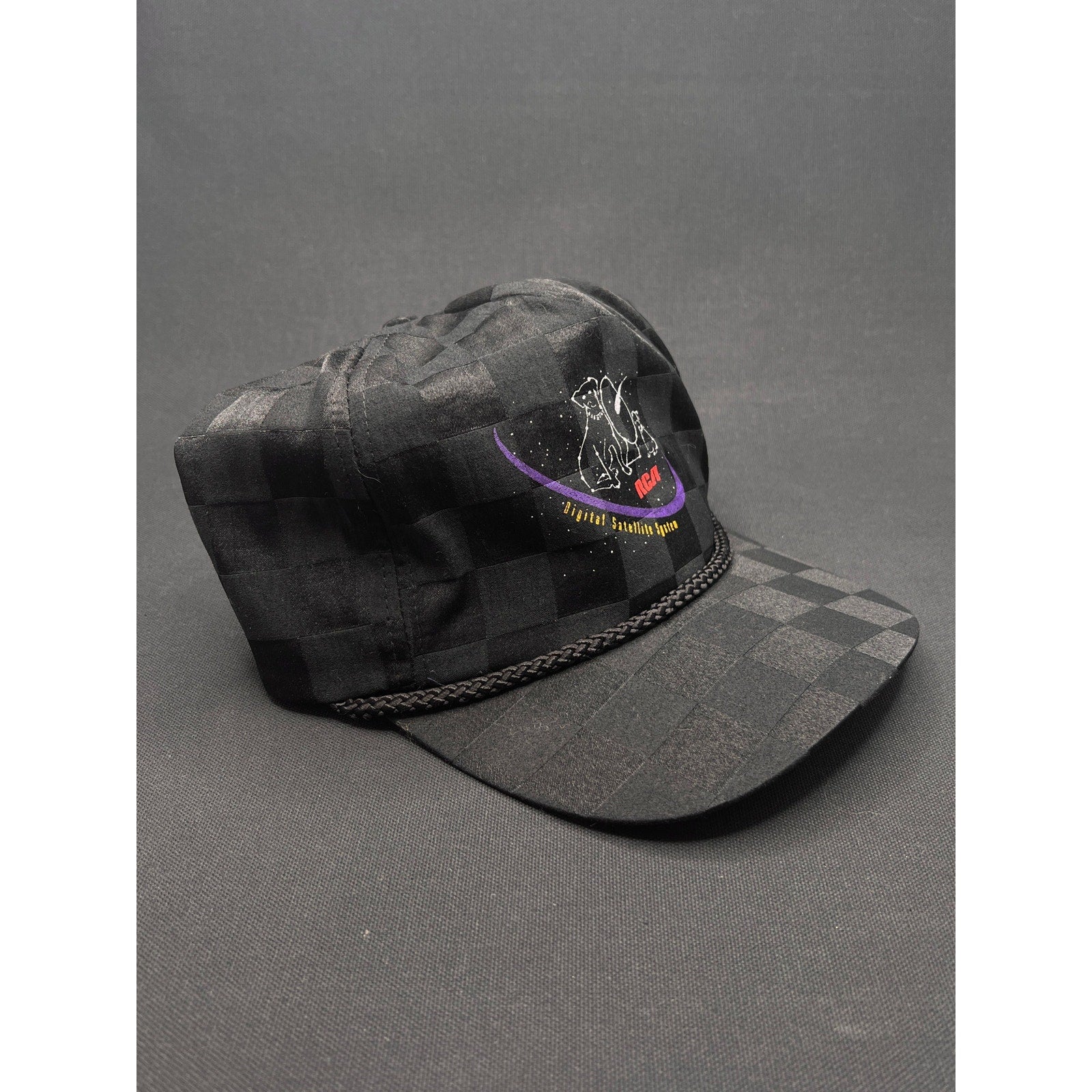 Vintage 1990s RCA DSS Satellite System Rope Hat – Black Checkered Taiwan Made