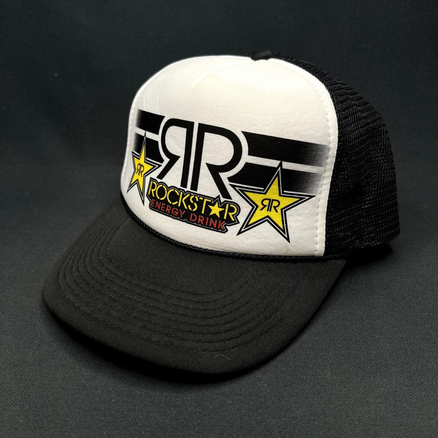 Vintage Y2K Rockstar Energy Drink Logo Mesh Trucker Snapback Hat Black White