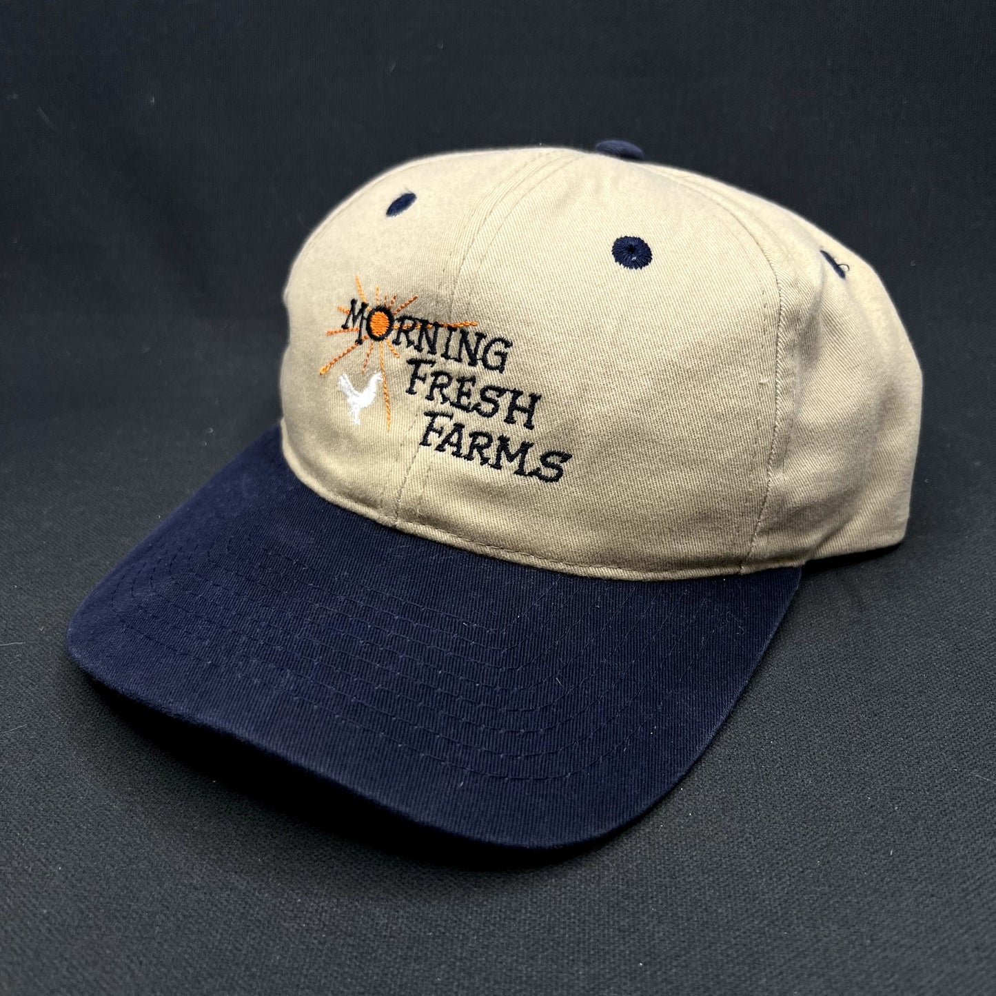 Morning Fresh Farms Vintage Snapback Hat Khaki Navy Farm Agriculture Cap