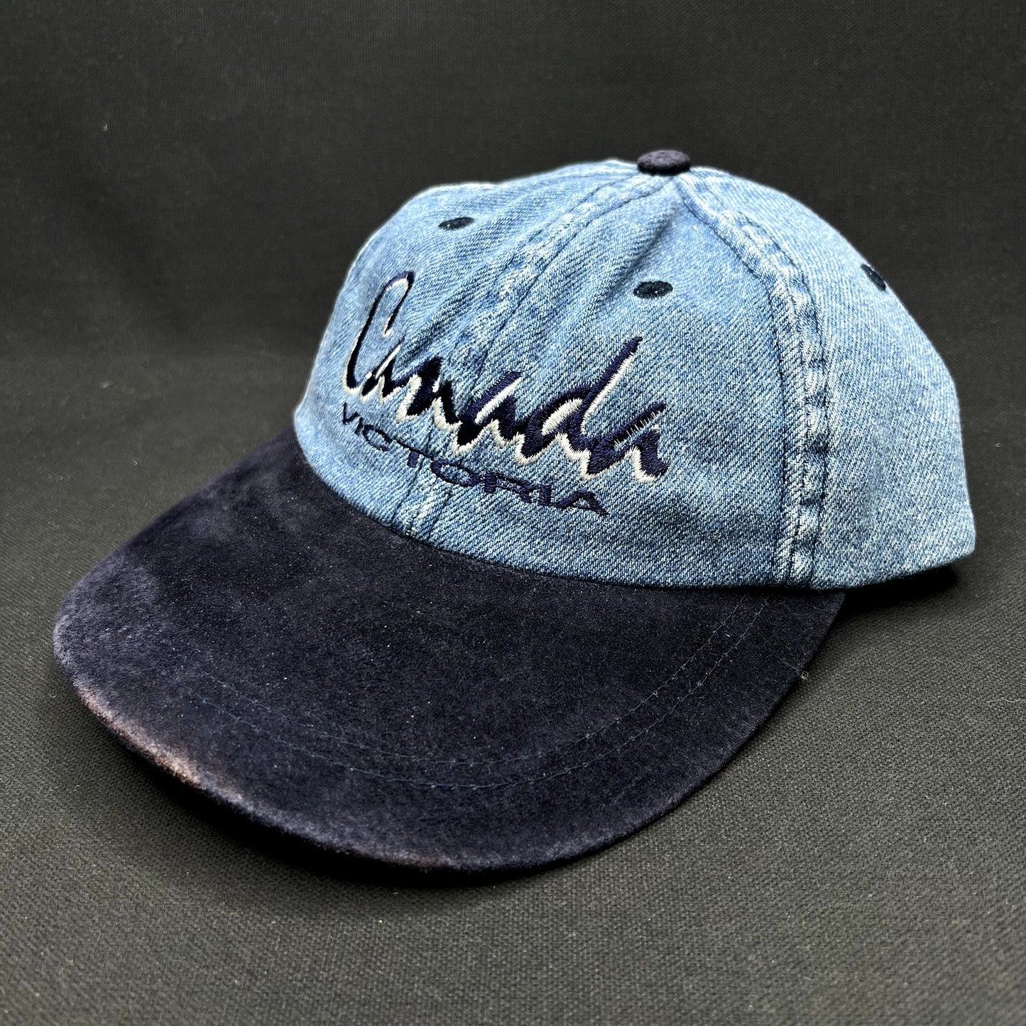 Vintage Canada Victoria Denim Snapback Hat Suede Brim Cityscape