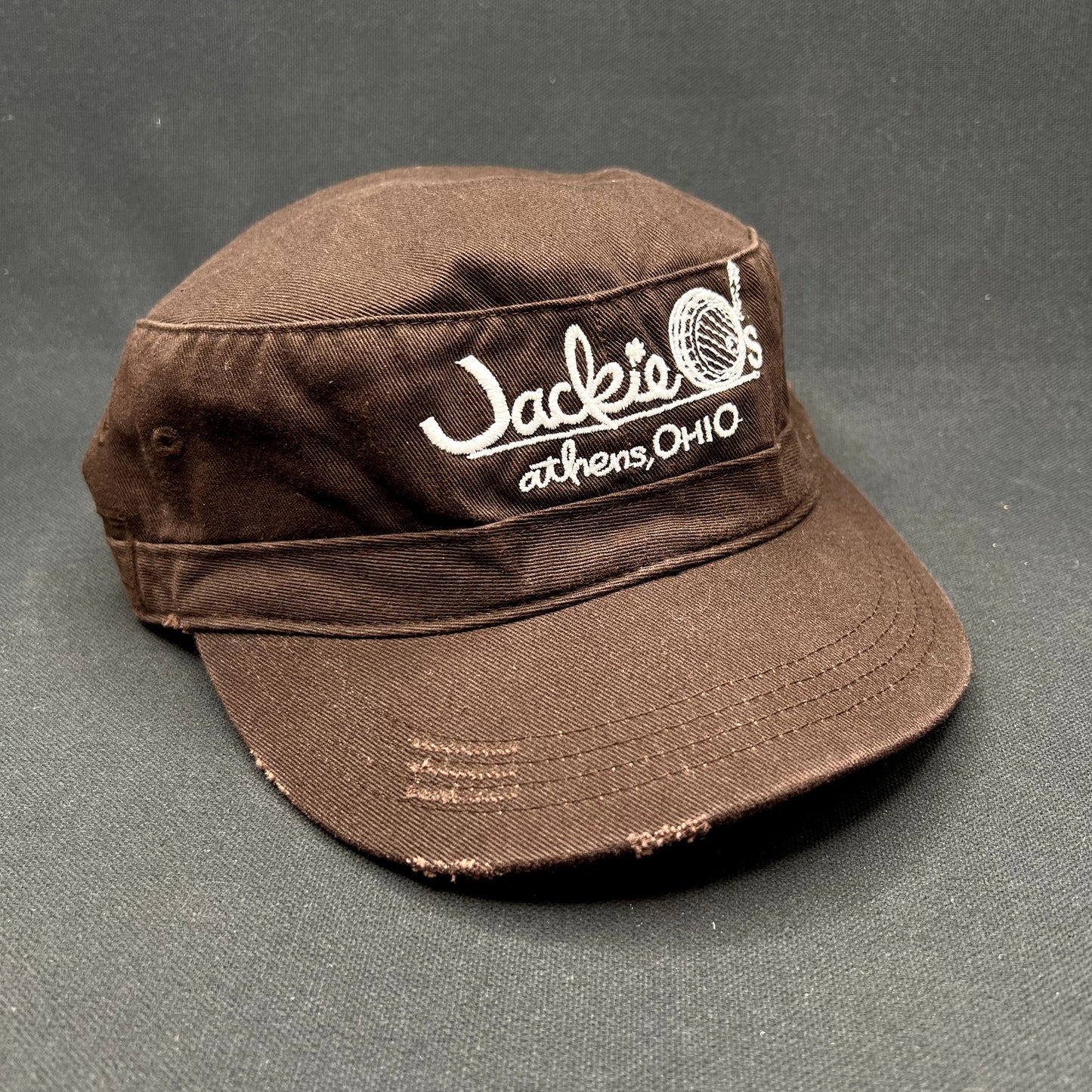 Vintage Jackie’s Athens Ohio Distressed Military Style Cap Brown Adjustable Hat