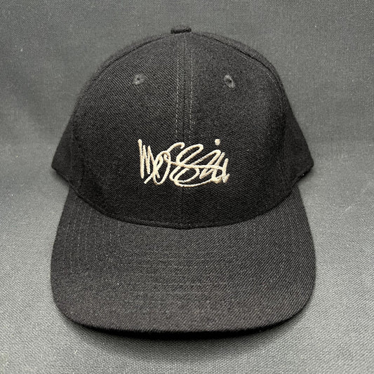 Vintage 90s Mossimo Script Snapback Hat Black Minimal Logo Cap